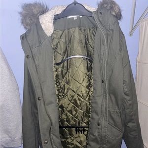 Sebby Womens Coat Faux Fur Hood Zip Snap Mid Length